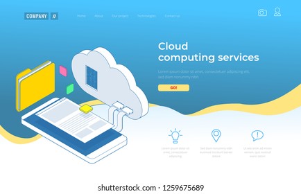 Web page design templates Cloud Computing concept. Isometric cloud services. Internet technology. Online services. Data, information security. Vector illustration.