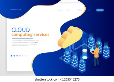 Web page design templates Cloud Computing concept. Isometric cloud services. Internet technology. Online services. Data, information security. Vector illustration.