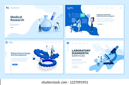Web page design templates collection of medical research, laboratory diagnostic, medical device development, family health protection. Modern vector illustration concepts for website development.