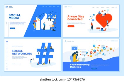 Web page design templates collection of social media, online communication, networking, digital marketing. Flat design vector illustration concepts for website and mobile website development.