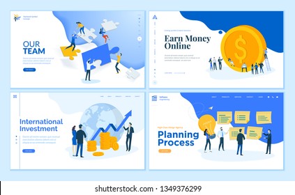 Web page design templates collection of teamwork, finance, online money earning, business management and planning. Flat design vector illustration concepts for website and mobile website development.