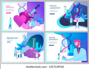 Web page design templates collection of online medical diagnosis and treatment, medical donation, laboratory and heart health, neurology. Modern illustration concepts for website