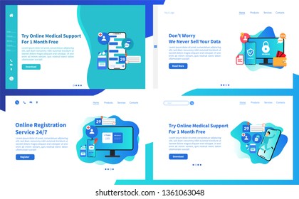 Web page design templates collection of online medical support features. Modern vector illustration concepts for website and mobile website development.