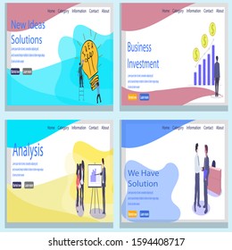 Web page design templates collection of business solution and analysis, startup, innovative ideas, investment. Flat design vector illustration concepts for website and mobile website development.