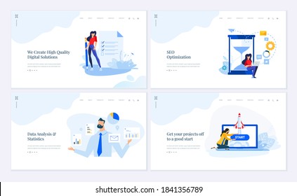Web page design templates collection of SEO, data analysis and statistics, startup, digital solutions. Vector illustration concepts for website and mobile website development. 