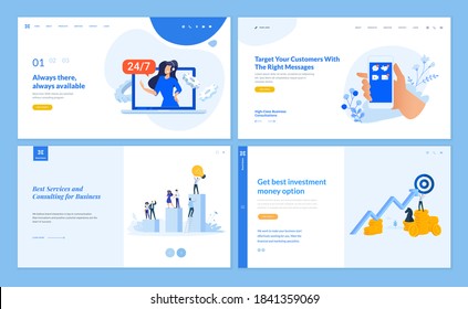 Web page design templates collection of online support, investment, business consulting, customer relations and communication. Vector illustration concepts for website and mobile website development. 