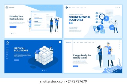 Web page design templates collection of medical solutions, online medical platform, healthy living, family medical protection. Modern vector illustration concepts for website development.