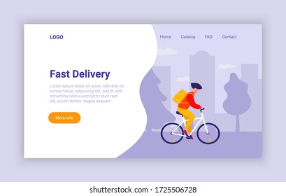 Web page design templates for Delivery Service. Images a courier rides a bicycle on the background of the city.Flat vectors illustration for websites