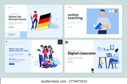 Web page design templates of digital classroom, online teaching, e-book, language school. Vector illustration concepts for website development. 