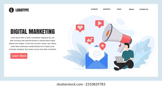 Plantillas de diseño de páginas web para la ilustración de concepto de marketing digital, perfecta para diseño de páginas web, banner, aplicación móvil, página de inicio, ilustración de vector plano