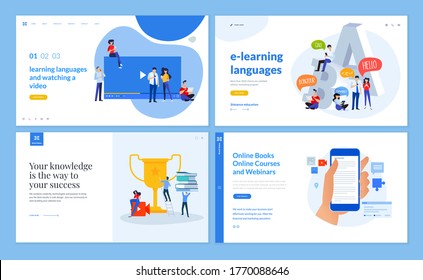 Web page design templates of distance education, e-learning, video tutorials, foreign language courses, e-book, online training and courses. Vector illustration concepts for website development. 