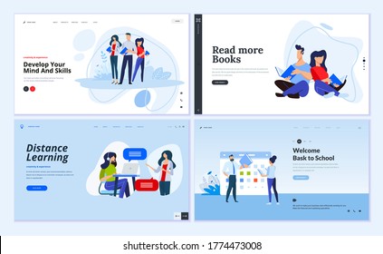 Web page design templates of distance learning, back to school, library and book store, business skill. Vector illustration concepts for website development. 