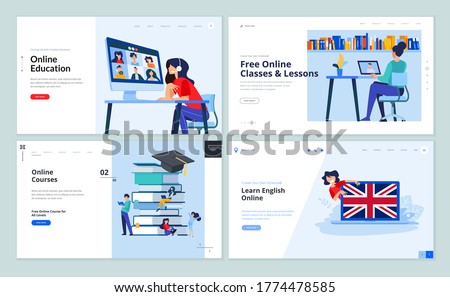 Web page design templates of distance education, online training and courses, language school. Vector illustration concepts for website development. 