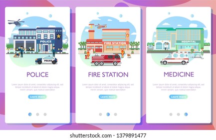 Web page design templates. Emergency services building. City hospital building with ambulance, Fire station building, police department with officers in uniform , cars and city landscape.