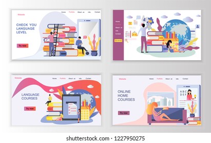 The web page design templates for language courses, e-learning, online education is shown. Modern vector illustration concepts for website and mobile website development, apps is presented.