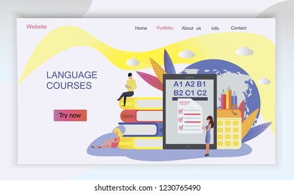 The web page design templates for language courses, e-learning, online education is shown. Modern vector illustration concepts for website and mobile website development, apps is presented.