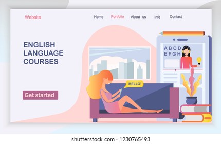 The web page design templates for language courses, e-learning, online education is shown. Modern vector illustration concepts for website and mobile website development, apps is presented.