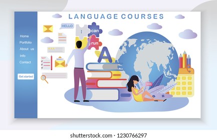 The web page design templates for language courses, e-learning, online education is shown. Modern vector illustration concepts for website and mobile website development, apps is presented.