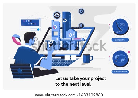 web page design templates for Levels of work on project. Developer working on a new project.Flat vector illustration