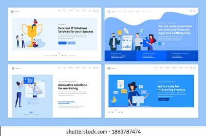 Web page design templates of marketing, graphic and web design, social media, market analysis, digital solutions. Vector illustration concepts for website development.