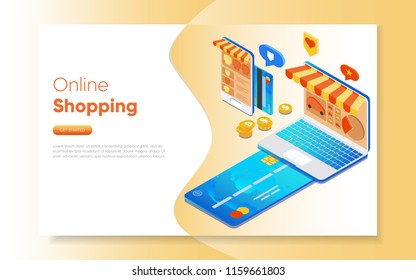 Web Page Design Templates For Online Shopping. Laptop And Smartphone With Virtual Screen. Illustration Of Internet Magazine. Isometric Vector Illustration