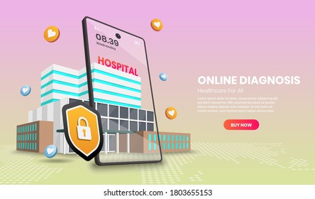Web page design templates of Online diagnosis concept with hospital and mobile phone for infographics, hero images, web banner, landing page.3d Perspective vector illustration.