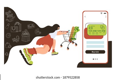 Web page design templates for online shopping without leaving home. Ordering products through a mobile application. Vector illustration