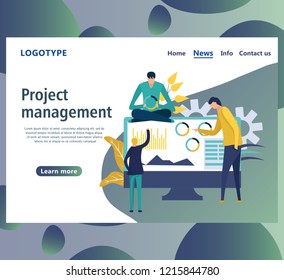 Web page design templates for project management, business communication, workflow and consulting. Landing page shows of some business, working and processing of the data by employees in the office