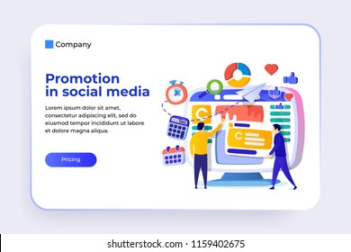Web page design templates for promotion in social media service. Social campaign, digital marketing, mobile marketing, advertising and promo. People are working on branding a page in a social network.