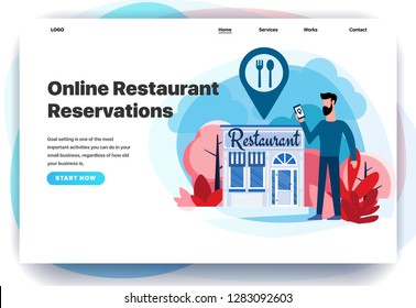 Webseitendesign-Vorlagen für Restaurantreservierung, Bestellung von Speisen, Speisekarte, Suchrestaurants. Der Mensch steht in der Nähe des Restaurants. Moderne Vektorillustration-Illustrationskonzepte für Website und mobile Website