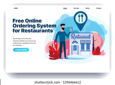 Web page design templates for restaurant reservation, ordering food, view menu, search restaurants. Man stands near the restaurant. Modern vector illustration concepts for website and mobile website