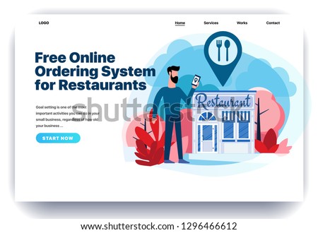 Web page design templates for restaurant reservation, ordering food, view menu, search restaurants. Man stands near the restaurant. Modern vector illustration concepts for website and mobile website