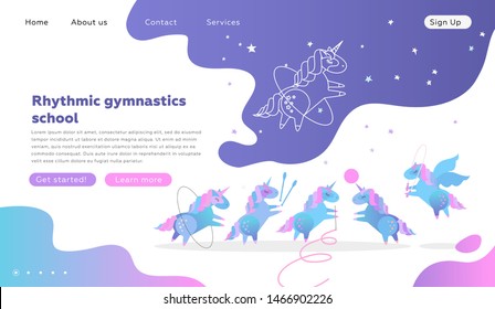 Web page design templates for rhythmic gymnastics school. Modern vector illustration concept for website development. Cute unicorns doing rhythmic gymnastics with ribbon, ball, hoop, skipping rope.