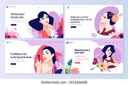 Plantillas de diseño de páginas web para belleza, cosméticos, maquillaje, productos naturales, vida saludable. Diseño plano moderno concepto de ilustración vectorial para el desarrollo de sitios web y sitios web móviles. 