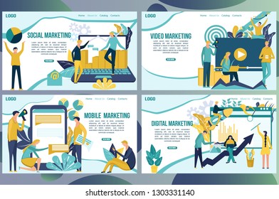 Web page design templates for social media marketing concept. People create promote products and services based on digital video and mobile apps. Landing page.