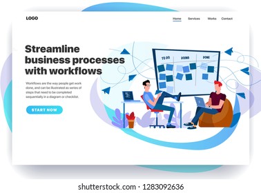 Web Page Design Templates For Streamline Business Processes With Workflows, CRM, Kanban, Setting Goals. Two Engineers Perform Tasks. Modern Vector Illustration Concepts For Website And Mobile Website