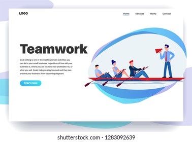 Web page design templates for teamwork, solid team, dream team, common task, productive team. Office staff sailing in a boat. Modern vector illustration concepts for website and mobile website