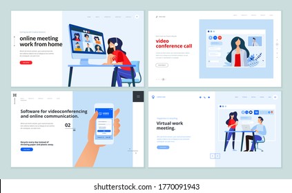 Webseitendesign-Vorlagen für Video-Call-App, Online-Kommunikation, Videokonferenzen . Vektorgrafik-Konzepte für die Website-Entwicklung. 