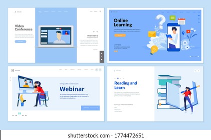 Web page design templates of video conference, webinar, education, online learning. Vector illustration concepts for website development.