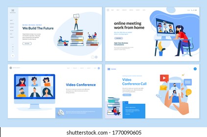 Web page design templates of work from home, video calling, education, conference meeting. Vector illustration concepts for website development. 