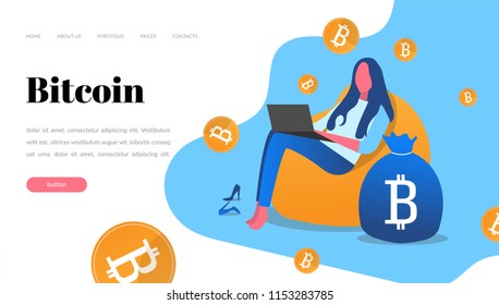 web page design templates for workflow, people with a laptop, coworking. Mining of crypto currency bitcoin. Modern vector illustration concepts for website and mobile website development