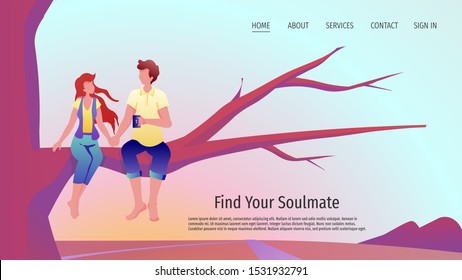 Web page design for Valentine's Day, Romantic, Dating sites and apps. Young couple sitting on a tree branch. Woman and man look at each other. Great for card, poster, banner, website.