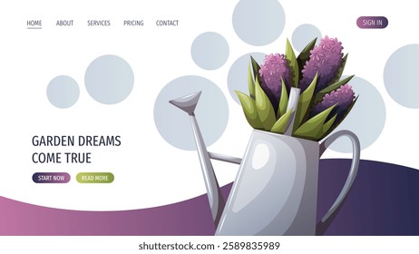 Web page design with watering can and flowers. Spring time, nature, gardening. Vector illustration for banner, website template.