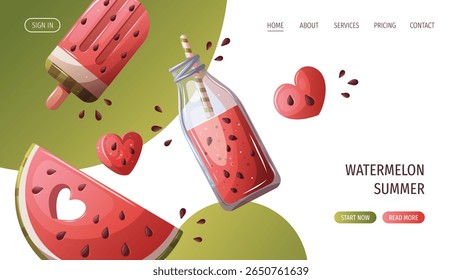 Web page design with watermelon slice, smoothie, popsicle. Vector illustration for promo, website, banner.