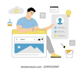 Web page Design and website development. Man designer building website interface. Vector illustration on isolated white background.	
