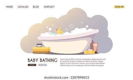 Web page design with a white bath, foam, soap bubbles, yellow rubber duck and baby bath products. Bath time. Hygiene products. Stock vector illustration for web site, banner, poster.
