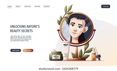 Web page design with woman in the mirror reflection, creams, serum. Beauty, skin care, cosmetic, self care, spa concept. Vector illustration banner, website, poster.