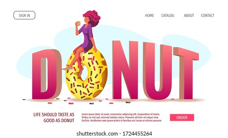 Web page design with woman sitting on the huge donut. Bakery, Donut Shop, Sweet products, Confectionery, Dessert concept. Vector illustration for poster, banner, website, commercial, menu. 