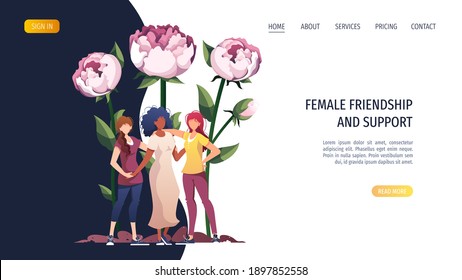 Web page design with women and huge peonies. International Women's Day, 8 March, Feminism, friendship, womanhood concept. Vector illustration for banner, poster, website, flyer.