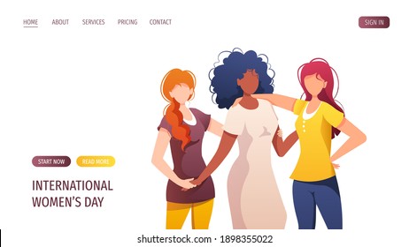 Web page design with women for International Women's Day, 8 March. Feminism, friendship, womanhood concept. Vector illustration for banner, poster, website, flyer.